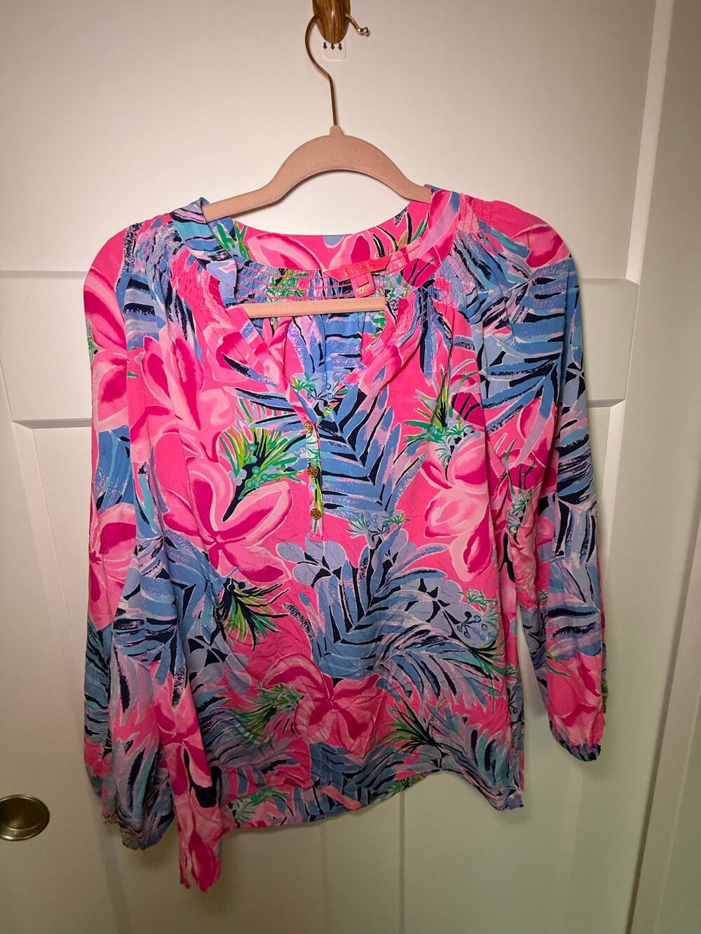 Lilly Pulitzer Elsa Top Size S Pink Blue Tropical Floral Long Sleeve Blouse